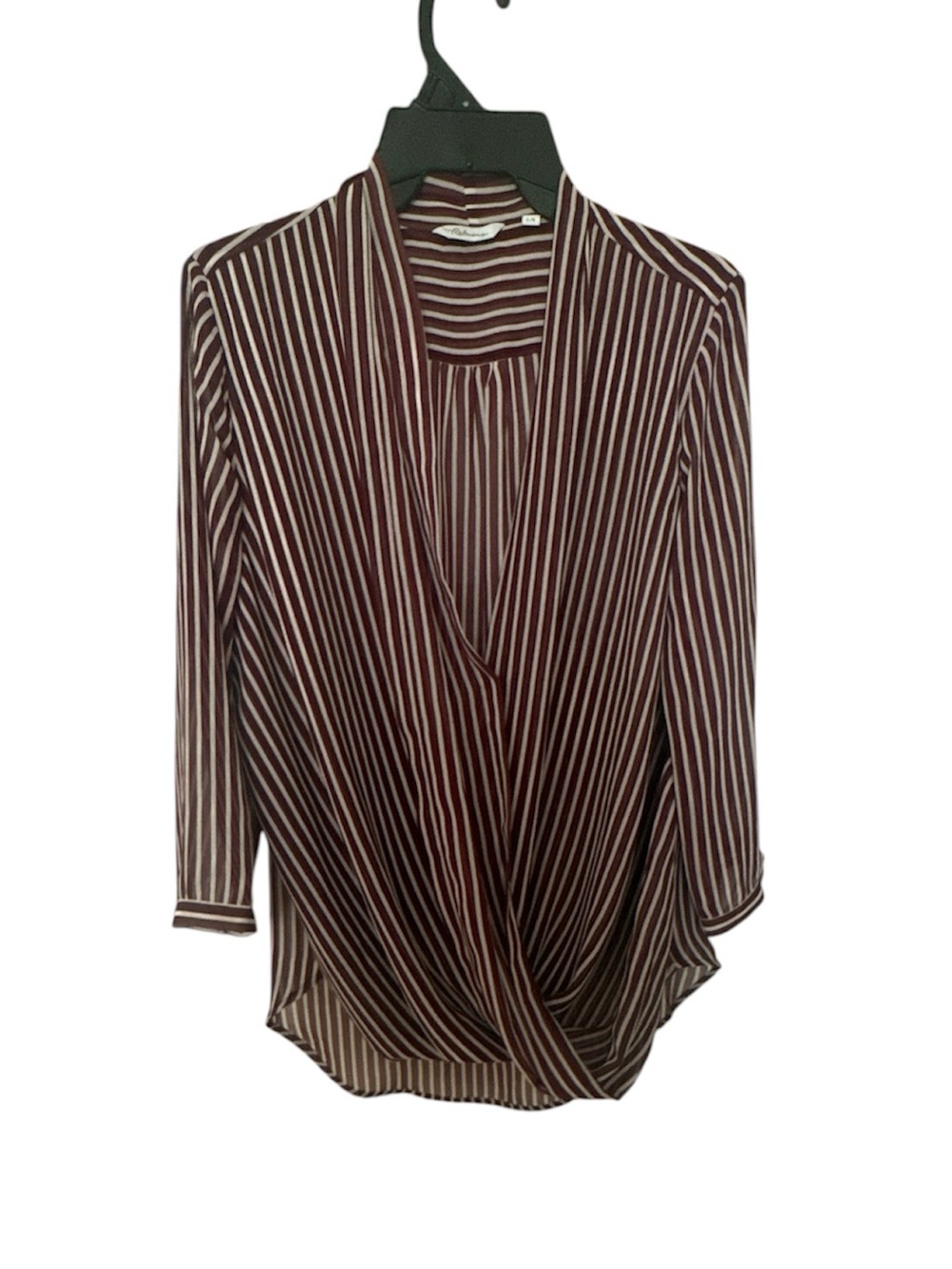 Reitmans Faux Wrap Striped Blouse Burgundy White Pinstripe V-Neck Size Large